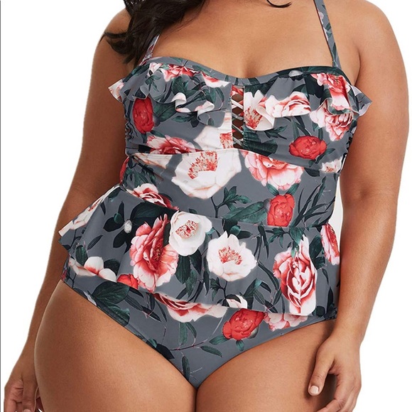NWOT 2 Piece Plus Size High Waisted Peplum Floral Tankini - Picture 1 of 5